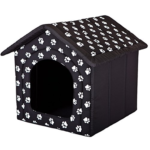 millybo Hundehöhle Hundebett Hundehaus Hundehütte R1-R6 (R3 (52 x 46 cm), schwarz mit Muster (Pfötchen)) von millybo