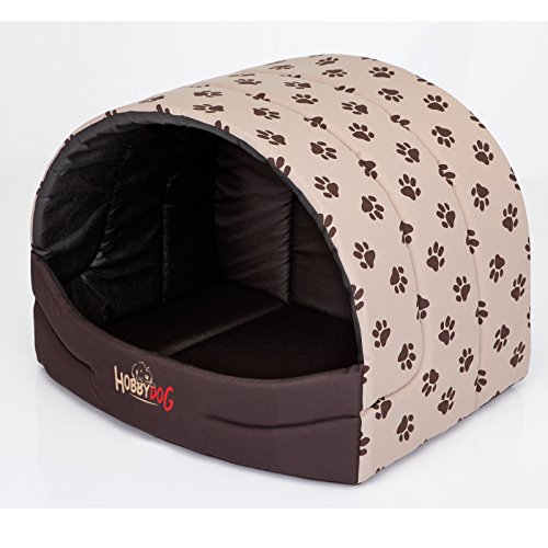 millybo Hundehütte Hundehöhle Hundebett Hundehaus S-XL (R1 (45 x 33 cm), beige mit Muster (Pfötchen)) von millybo