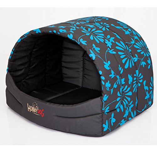 millybo Hundehütte Hundehöhle Hundebett Hundehaus S-XL (R2 (50 x 38 cm), grau mit Muster (Blaue Blumen)) von millybo