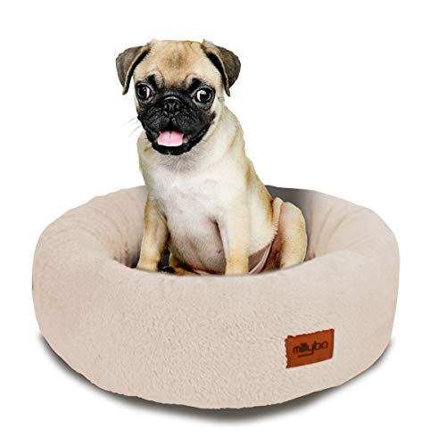 millybo Rund Hundebett für Kleine, Mittlere, Große Hunde - wasserdichtes Donut Hundekissen, kuscheliges ‎Plüsch Tierbett, Flauschig & Robustes Haustierbett - 50x50x18cm Ecru von millybo