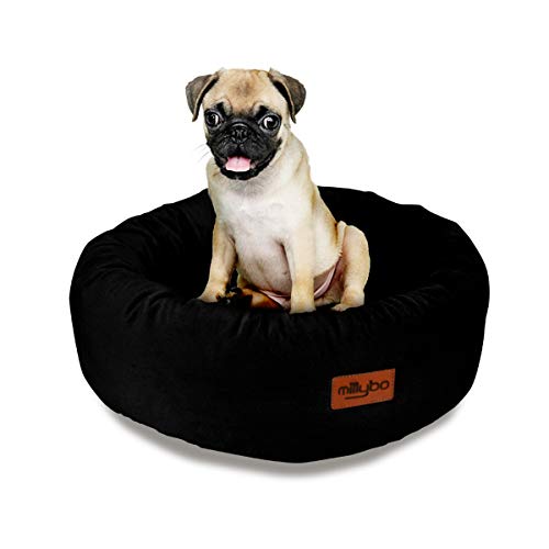 millybo Rund Hundebett für Kleine, Mittlere, Große Hunde - wasserdichtes Donut Hundekissen, kuscheliges ‎Plüsch Tierbett, Flauschig & Robustes Haustierbett - 50x50x18cm Schwarz von millybo