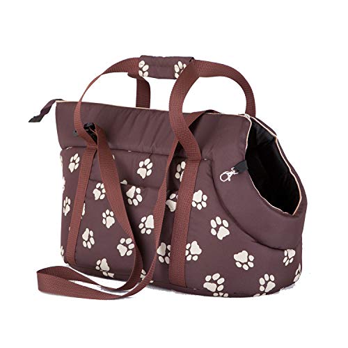 millybo Transporttasche für Hunde Katzen Tragetasche Transportbox Hundetasche (R2 (25 x 43 cm), braun mit Muster (Pfötchen)) von millybo