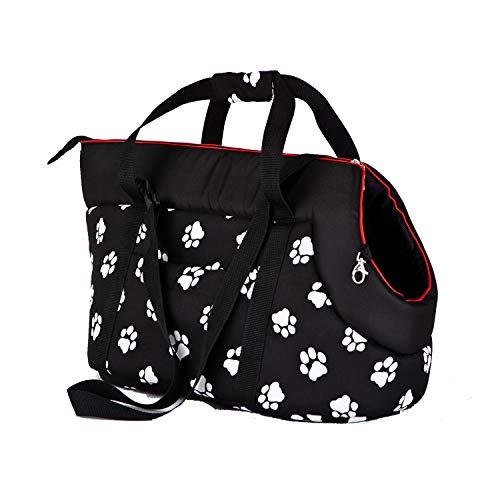 millybo Transporttasche für Hunde Katzen Tragetasche Transportbox Hundetasche (R2 (25 x 43 cm), schwarz mit Muster (Pfötchen)) von millybo