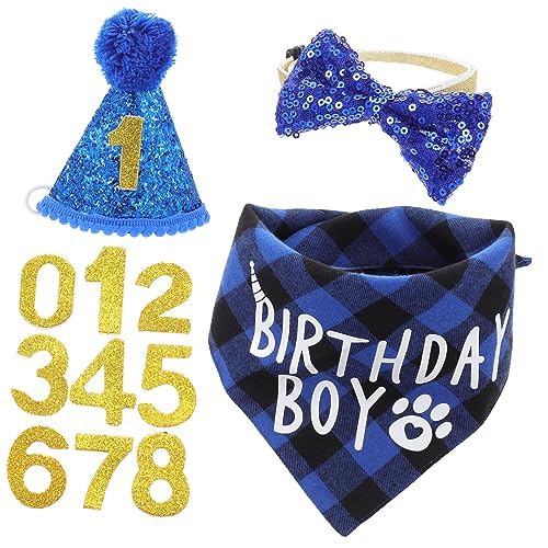 minkissy 4 Sets Haustier Party Dekoration Welpen Geburtstag Bandana Hund Fliege Halsband Tiaras für Mädchen Hund Geburtstag Hund Dreieck Schal Hund Hüte Blitzanzug Geburtstag Haustier Dekor Zubehör von minkissy