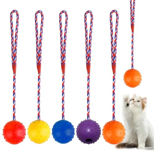 mizikuu 5 Stück Wurfball Hund Hundespielzeug, ø 5 X 30 Seil Naturgummiball Hundeball auf einem Seil Hundespielzeug Ball Interaktiver für Große & Kleine Hunde Werfen zum Apportieren, Fangen von mizikuu