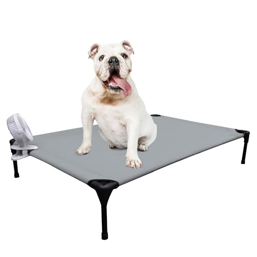 mocobd Kühlendes erhöhtes Hundebett, erhöhtes Hunde-Hängemattenbett, außerhalb des Bodens, für drinnen und draußen, 15,2 cm tragbarer Clip, wandelbarer Ventilator (grau, groß) von mocobd