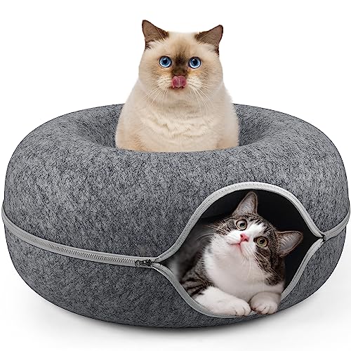 MOMOGA Katzentunnel Bett Peekaboo Katzenhöhle für Mehrere Katzen & Große Katzen, Kratzfest & Waschbar & Abnehmbar Runder Filz Katze Donut Tunnel für Katzen bis zu 24 Pfund, 61x61x27.9 cm, Dunkelgrau von momoga