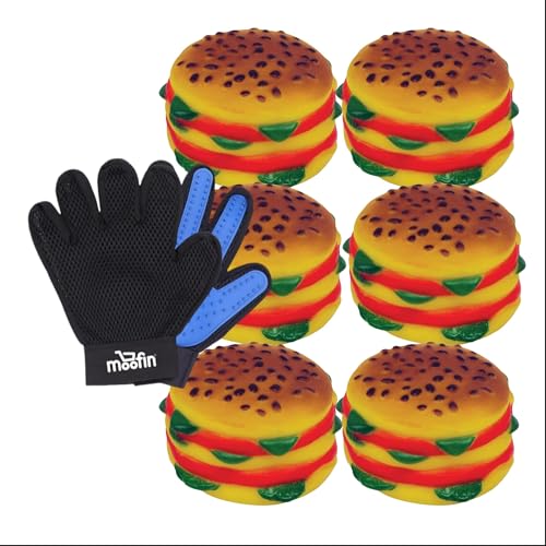 Bundle of Hair Cleaning/Removing Glove - 23x16, and 52981 Vinyl Hamburger Dog Toy with Squeaker, Pack of 6 von moofin