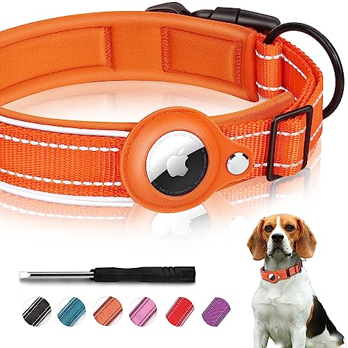 Airtag Hundehalsband,Airtag Halsband Nylon Gepolstertes[Breit],Reflektierend Airtag Hund Verstellbares für große/mittelgroße/kleine Hunde(L, Orange) von mouyou