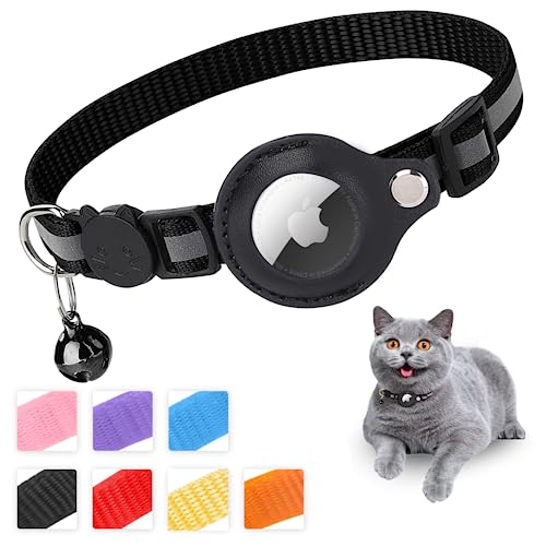 Mouyou Airtag Katzenhalsband,Airtag Halsband Katze Weiches Nylon Reflektierend mit Glocke und Sicherheitsverschluss,Tracking Katzen Halsband mit Halter Airtag Hülle Verstellbar von 22-34cm Schwarz … von mouyou