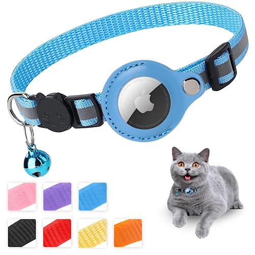 Mouyou Airtag Katzenhalsband,Airtag Halsband Katze Weiches Nylon Reflektierend mit Glocke und Sicherheitsverschluss,Tracking Katzen Halsband mit Halter Airtag Hülle Verstellbar von 22-34cm Blau von MouyouGlow