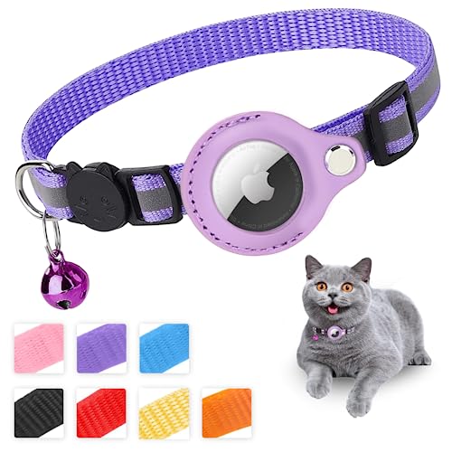 Mouyou Airtag Katzenhalsband,Airtag Halsband Katze Weiches Nylon Reflektierend mit Glocke und Sicherheitsverschluss,Tracking Katzen Halsband mit Halter Airtag Hülle Verstellbar von 22-34cm Lila von mouyou