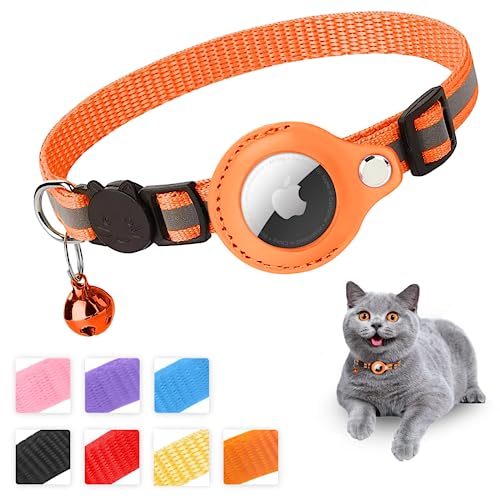 Mouyou Airtag Katzenhalsband,Airtag Halsband Katze Weiches Nylon Reflektierend mit Glocke und Sicherheitsverschluss,Tracking Katzen Halsband mit Halter Airtag Hülle Verstellbar von 22-34cm Orange von MouyouGlow