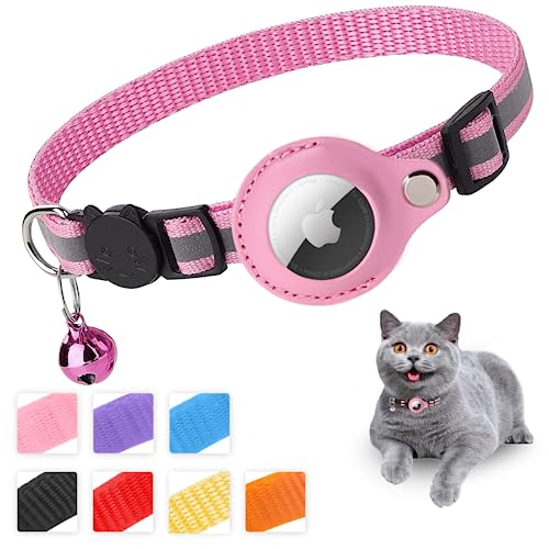 Mouyou Airtag Katzenhalsband,Airtag Halsband Katze Weiches Nylon Reflektierend mit Glocke und Sicherheitsverschluss,Tracking Katzen Halsband mit Halter Airtag Hülle Verstellbar von 22-34cm Rosa von MouyouGlow