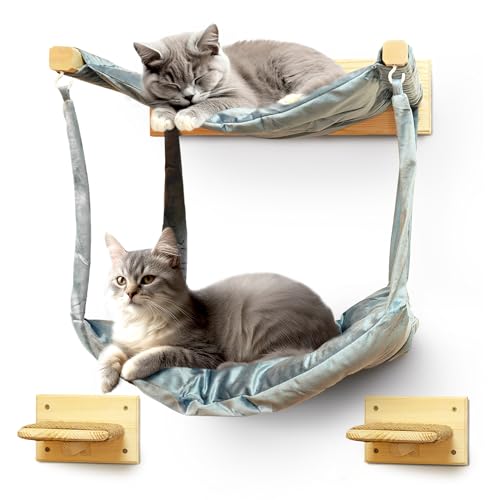 myHANA Kletterwand Katzen Set Kiefernholz | Katzenhängematte 3 Farbvarianten| 2X Katzentreppe Wand | Katzen Wandelemente Set| Katzenmöbel | Katzewandliege| Katzenbett | Katzen Wand Set Klettern von my HANA