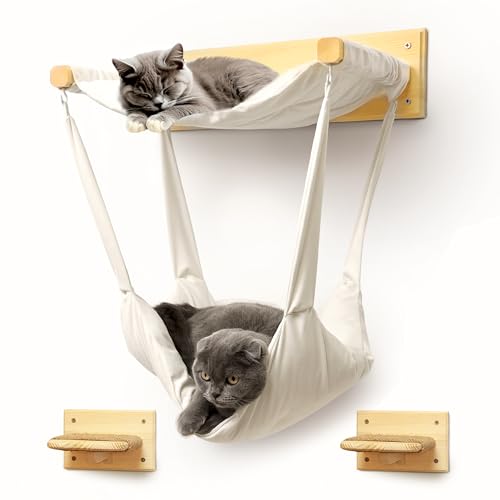 myHANA Kletterwand Katzen Set Kiefernholz | Katzenhängematte 3 Farbvarianten| 2X Katzentreppe Wand | Katzen Wandelemente Set| Katzenmöbel | Katzewandliege| Katzenbett | Katzen Wand Set Klettern von my HANA