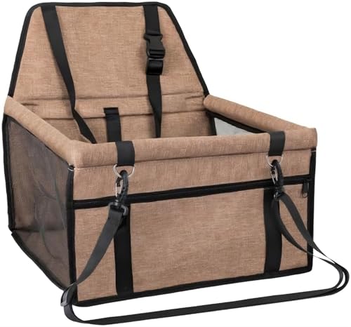 Mymai Autositz für kleine Hunde bis zu 9 kg, wasserdicht und stoßfest, mit verstellbarem Geschirr und stabilem PVC-Stützrohr, abnehmbar und waschbar (Khaki, 40x32x24cm) von mymai