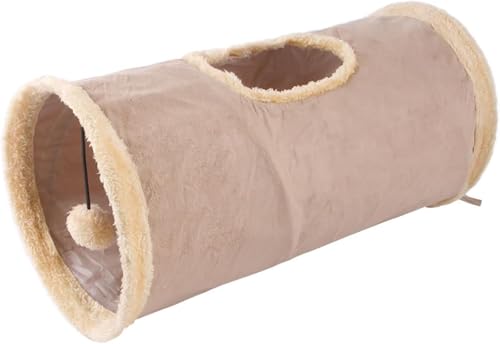 mymai Faltbarer katzentunnel mit weichem Wildlederbezug, interaktiver Rascheltunnel für Katzen mit 2 Hängenden Spielzeugen, ideal für Kaninchen kleine Haustiere (Khaki, A) von mymai