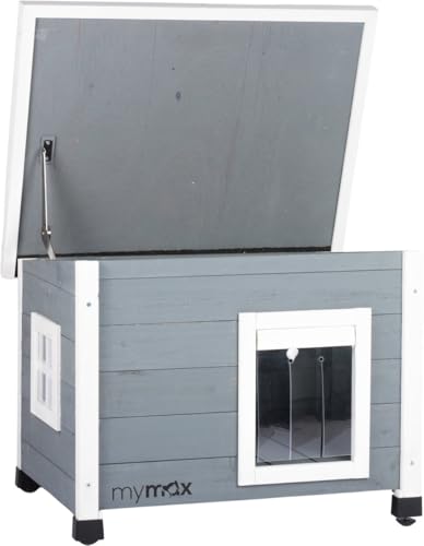 mymax Katzenhaus Outdoor aus Holz – wetterfeste Katzenhütte für draußen – Aufklappbares Dach, Höhenverstellbare Füße - 56 * 45 * 43CM (Grau/schwarz) von mymax