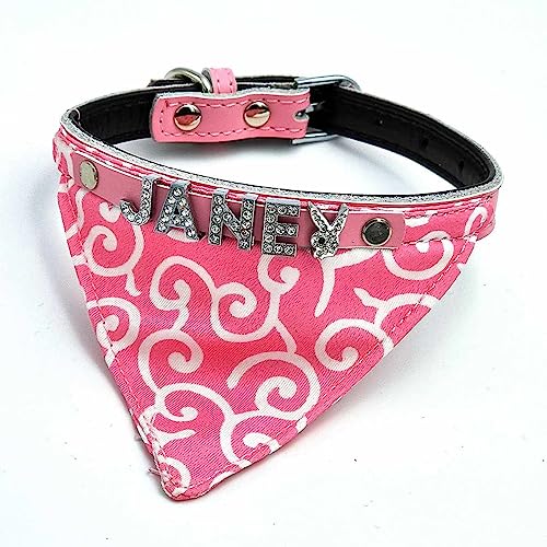 Bandana Hundehalsband und Hundehalstuch mit Namen aus Strass-Buchstaben, Leder Rosa/S 24-30cm von mypfote.com