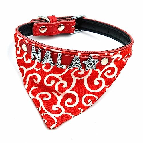 Bandana Hundehalsband und Hundehalstuch mit Namen aus Strass-Buchstaben, Leder Rot/XS 16-24cm von mypfote.com