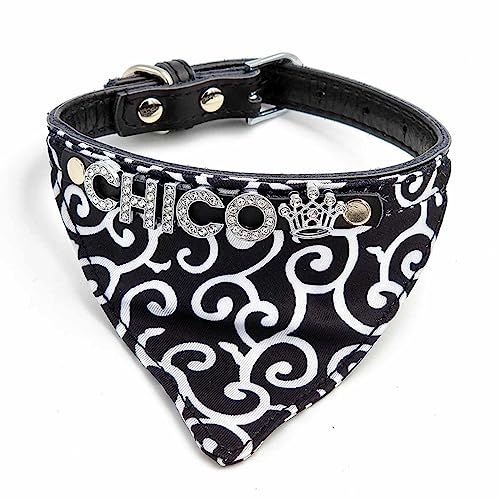 Bandana Hundehalsband und Hundehalstuch mit Namen aus Strass-Buchstaben, Leder Schwarz/S 24-30cm von mypfote.com