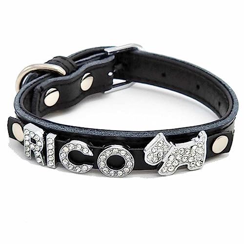 Edles Hundehalsband aus Leder personalisiert mit Glitzersteinen + Symbol Schwarz/S 27-33cm von mypfote.com