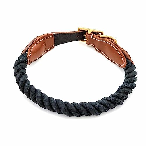 Hundehalsband aus Baumwollseil mit Verschluss aus Leder und Messing M 34-40cm / Schwarzblau von mypfote.com