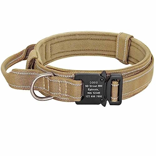 Militär Hundehalsband mit Namen und Griff, gratis Gravur auf Schnalle Khaki/L 42-54cm von mypfote.com