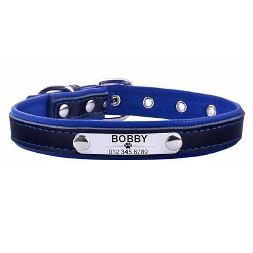 Personalisiertes Dunkles Hundehalsband mit Namen graviert Blau/M 29-38cm von mypfote.com