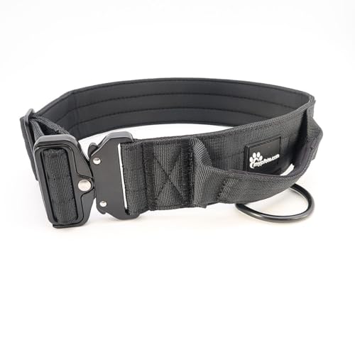 Taktisches Hundehalsband mit Gravur Name + Telefon, Robustes Nylon, Gepolsterte Innenseite, Verstellbar & Mit Griff. Robuste Metallschnalle. Perfekt für Training & Outdoor Schwarz/L 45-64cm von mypfote.com