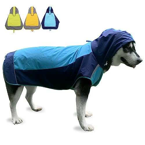 Hunde-Regenmantel, wasserdichte Hundejacke, reflektierende Hundejacke mit Kapuze, leichter Hundeponcho, Zupfmantel, Hunderegenmantel für mittelgroße und große Hunde (Blau, Größe XXXL) von myyAA