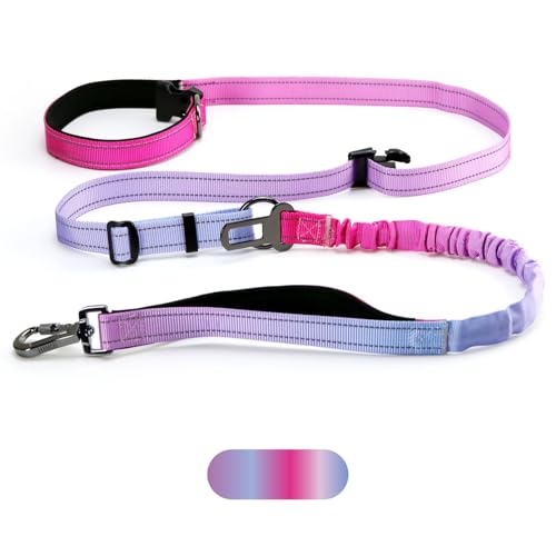 MyyAA Hundeleine mit zwei Griffen, Bungee-Leine für Laufen, Wandern, Training, schillerndes Farbdesign, reflektierender Hüftgurt mit Auto-Sicherheitsgurt (Rosa/Violett) von myyAA