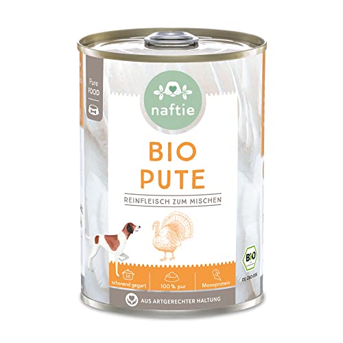 naftie Bio Hundefutter 100% Bio-Pute - Reinfleisch-Dose Pute pur - Hunde-Nassfutter zum Mischen - glutenfrei getreidefrei - 400g Dose von naftie