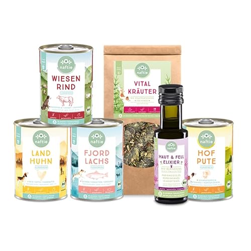 naftie Bio Hundefutter Schnupperbox Friendly - purinarmes Nassfutter Plus Bio-Öl und Bio-Kräutermix - getreidefrei - nachhaltiges Futter aus Bayern von naftie