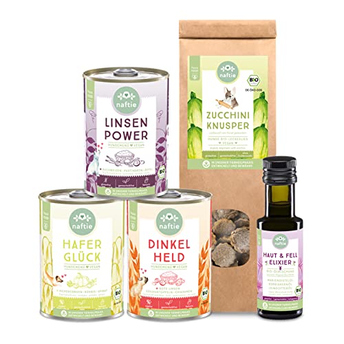 naftie veganes Hundefutter Bio Schnupperbox - Hundenassfutter Plus Bio-Öl und vegane Hundeleckerli - für Hunde mit einem Herz für Tiere von naftie