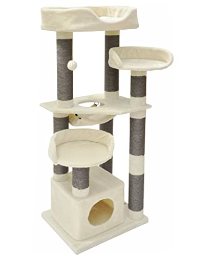 nanook Kratzbaum für Katzen groß 165 x 65 x 60 cm hoch - 11 cm Ø stabile graue Kratzstämme - standfest - XXL Liegeplatz - beige von nanook