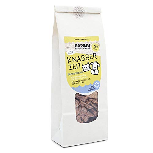 napani - Knabber Zeit - Hühnerherzen, Hunde leckerlis, getrocknete Belohnungshappen für Hund & Katze, Leckerlies für artige Hunde & Katzen, getreidefrei & glutenfrei, 1 x 150g von napani