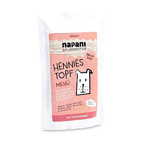 Purinarmes Bio Hundefutter Hennies Topf mit Huhn, Naturreis & Süßkartoffeln - Hunde Nassfutter im Menü 150g zum Probieren - Premium Hundefutter aus Bayern von napani