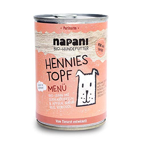 napani - Premium Hundefutter nass, Bio Nassfutter für Hunde, Hennies Topf mit Huhn, Naturreis & Süßkartoffeln, purinarm, schonend gegart & ohne Zusatzstoffe, 1 x 400g von napani