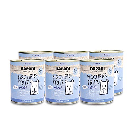 Purinarmes Hundefutter Fischers Fritz mit Lachs & Quinoa - Hunde Nassfutter im Menü 6 x 800g Dosenfutter - Premium Hundefutter aus Bayern von napani