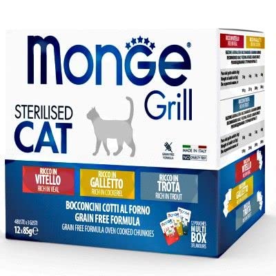 Monge Grill STERILISED Multipack with COCKEREL, Trout, Veal, Nassfutter für Katzen (Katzenfutter Multipack mit Hähnchen, Forelle, Kalbfleisch, vitaminreich, getreidefrei, gut verdaulich, 85 g) von napz