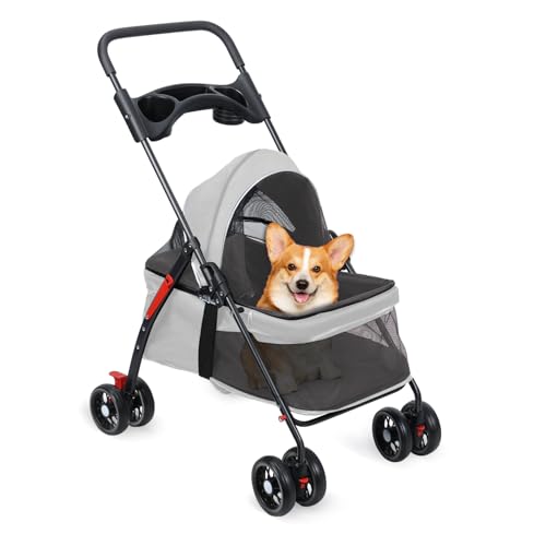 nawoefii Haustier Kinderwagen, Hundekatze Kinderwagen, Haustierfalt Kinderwagen, Hundekatze mit Tassenhalter, atmungsaktives und sichtbares Netz für kleine Hundekatze Grau von nawoefii