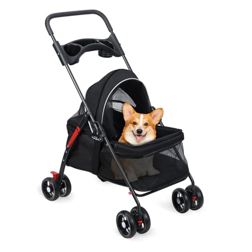 nawoefii Hunde- und Katzen-Kinderwagen mit 4 Rädern, zusammenklappbarer Kinderwagen für Outdoor-Reisen, Getränkehalter, atmungsaktives sichtbares Netzgewebe mittelgroße kleine Schwarz von nawoefii