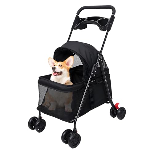 nawoefii Hundekatze Kinderwagen, Haustierfalt Kinderwagen, Hundekatze Käfig Kinderwagen mit Tassenhalter, sichtbares Fenster für kleine Hundebereich Katze Schwarz von nawoefii