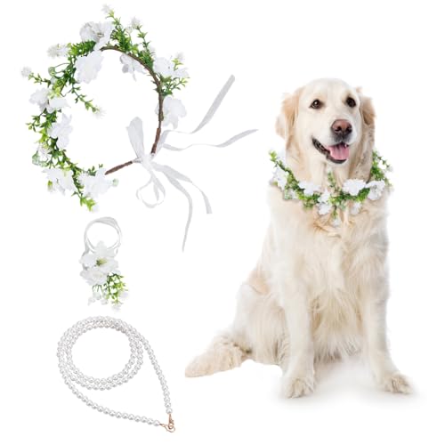 NBEADS 3 STK. Hundehochzeitshalsband, Hochzeit Halsband mit Perle Leine Hochzeit Kranz Stirnband mit Handgelenk Corsage Hund Blumen-Krone für Hund Hochzeit Verlobung Party Outfit von nbeads