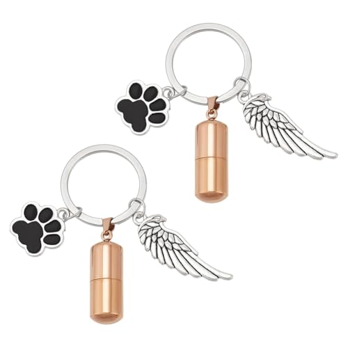 nbeads 2 Stk. Haustier-Gedenk-Urne Schlüsselanhänger, Hund Pfote Flügel Asche Memorial Key Ring Pet Asche Halter Schlüsselanhänger für Einäscherung Keepsake Memorial Haustier Asche, Rose Gold von nbeads