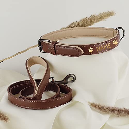 ne&no® Halsband und Leine Set PERSONALISIERT (veganes Leder) | Hundeleine mit Halsband I robuste Hundeleine mit Karabiner I 1.2m Dog Leash I biegsam und extra weich (XS, braun/beige) von ne&no