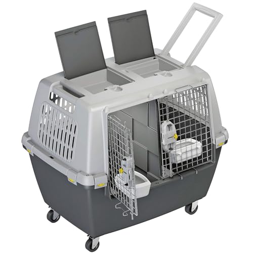 NESTQ - Robuste Transportbox mit Rädern für große Hunde, tragbar, atmungsaktiv, aus Kunststoff mit Griffen - Strapazierfähiges Material Maße 80 × 62 × 60 cm Farbe grau von nestQ
