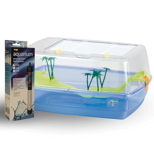 NESTQ - Haus für Wasserschildkröten mit Heizung 25 W - Schildkrötenhalter mit Rampe für Wasserschildkröten - Fischglas Schildkröten - Terrarium Schildkröten - Tank mit Thermostat Größe 53 x 38 x 25,5 von nestQ